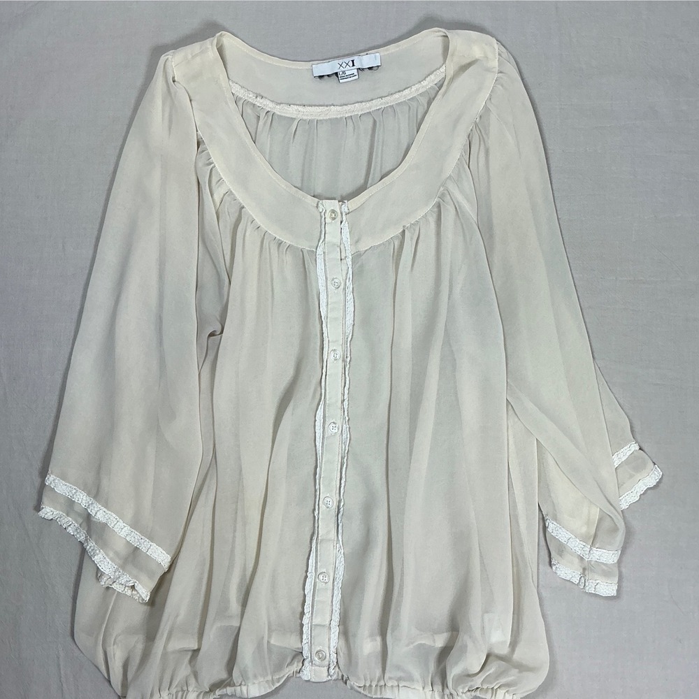 XXI Forever 21 Cream Sheer Lace Trim Button Front Bubble Hem Blouse Large